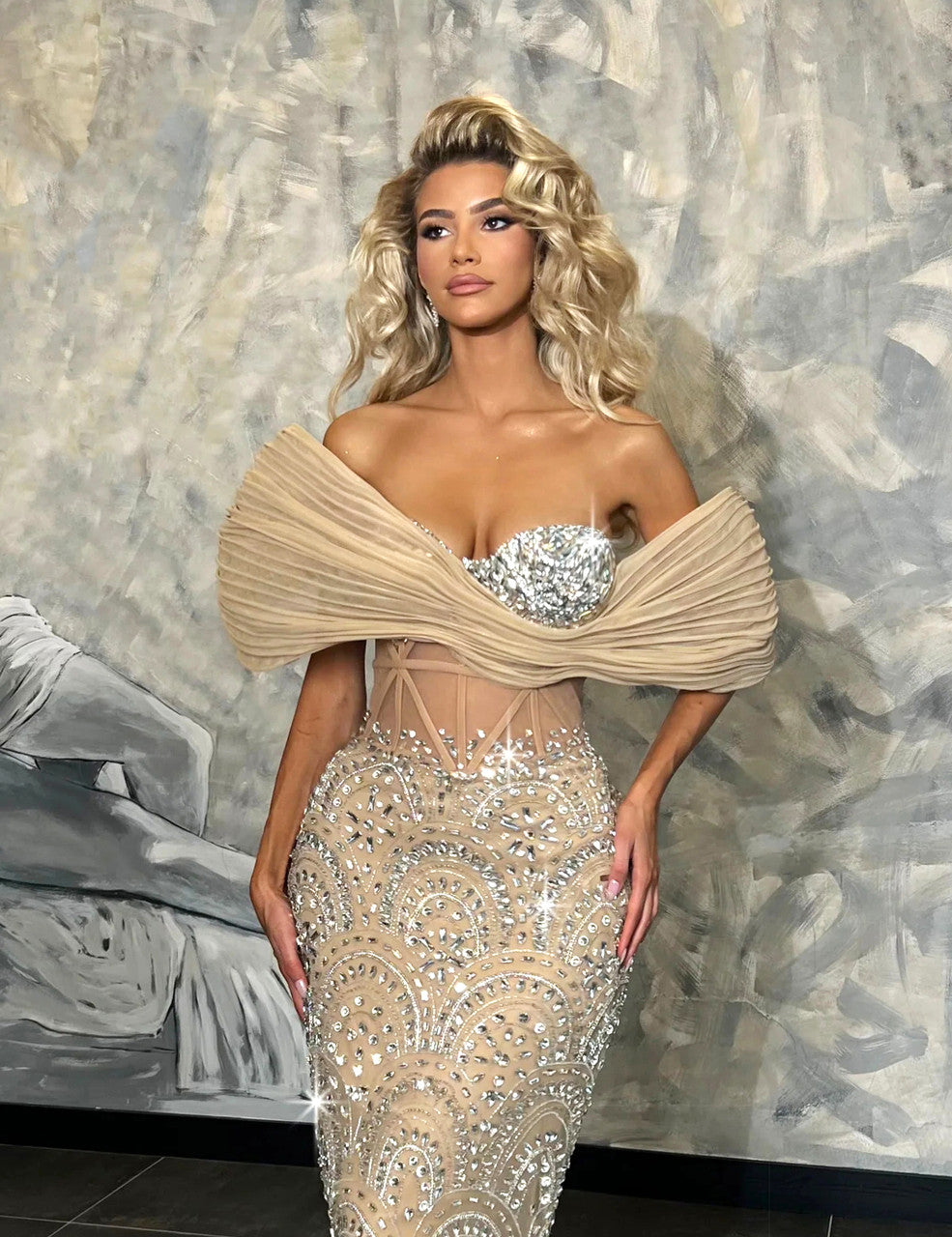 Bardot Sequin Bustier Maxi Dress Peach