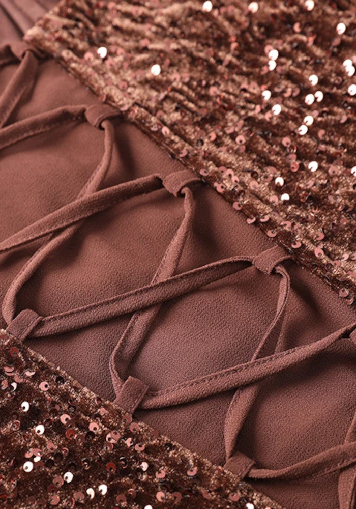 Bardot Sequin Corset Maxi Dress Brown