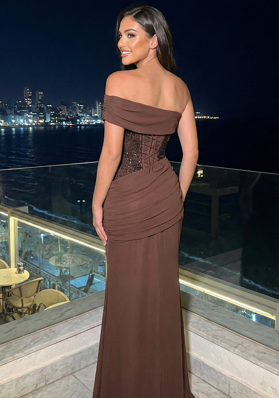 Bardot Sequin Corset Maxi Dress Brown