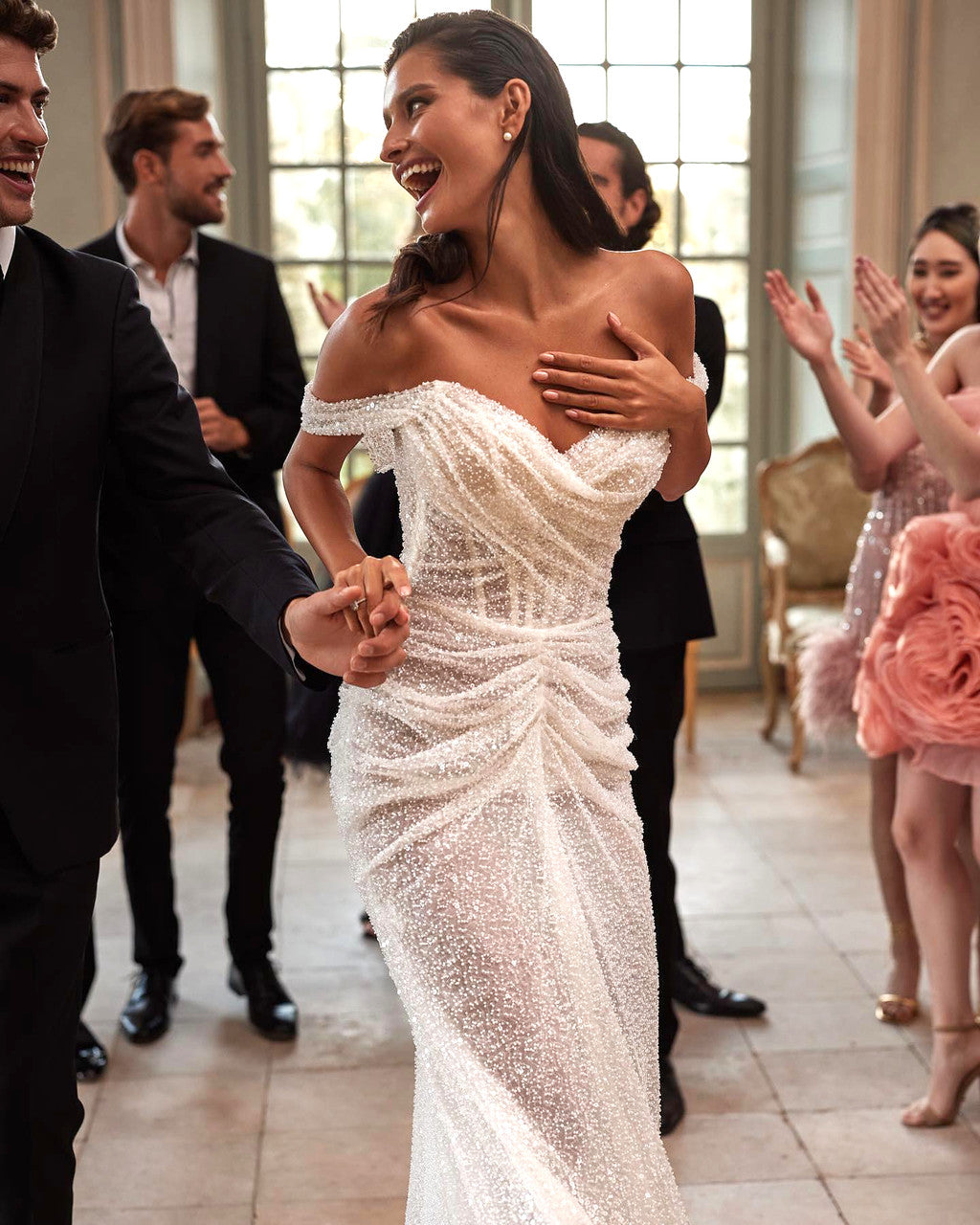 Bardot Sequin Draped Maxi Dress White