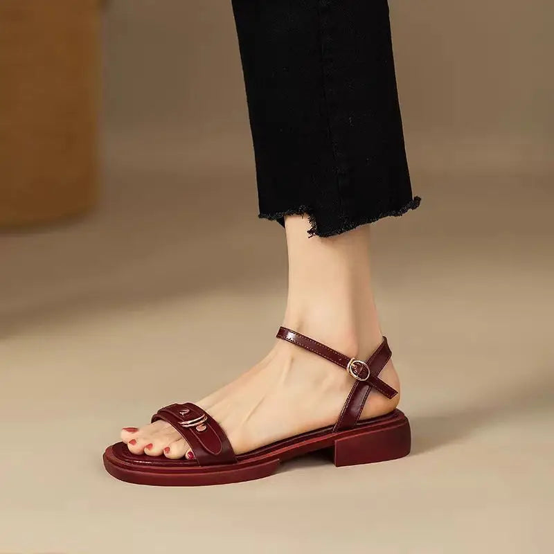 Basic Genuine Leather Concise Office Style Outdoor Low Heels Sandals