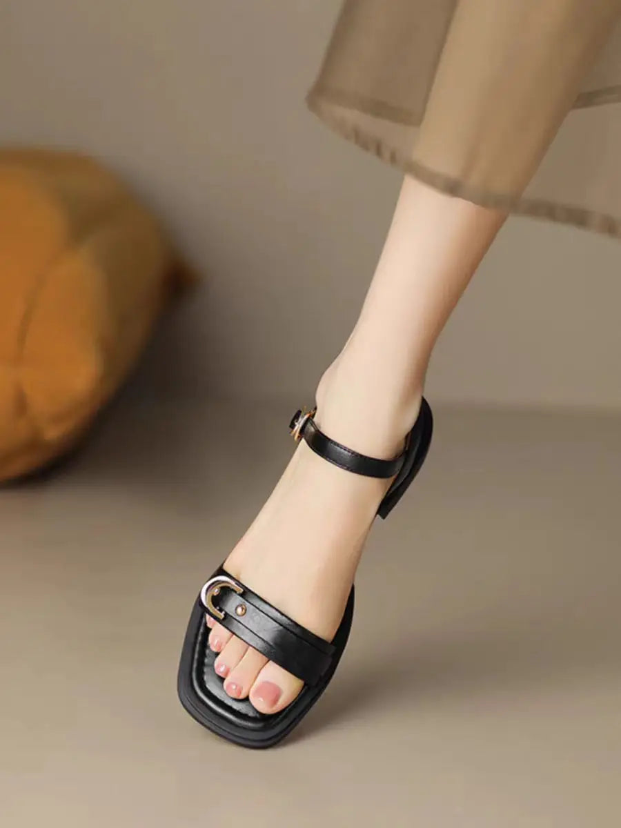 Basic Genuine Leather Concise Office Style Outdoor Low Heels Sandals