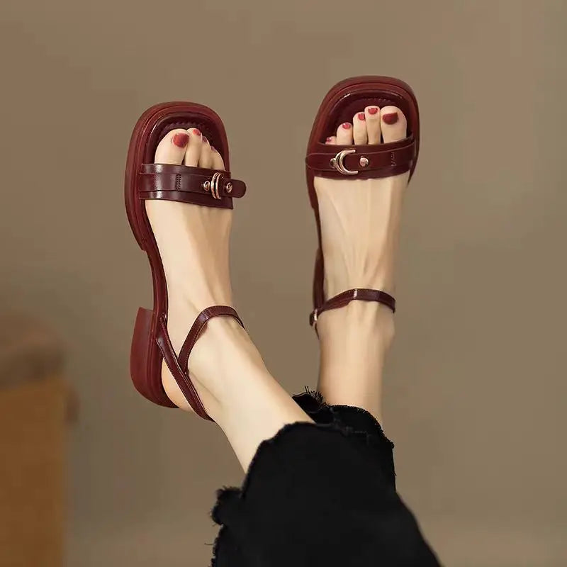 Basic Genuine Leather Concise Office Style Outdoor Low Heels Sandals