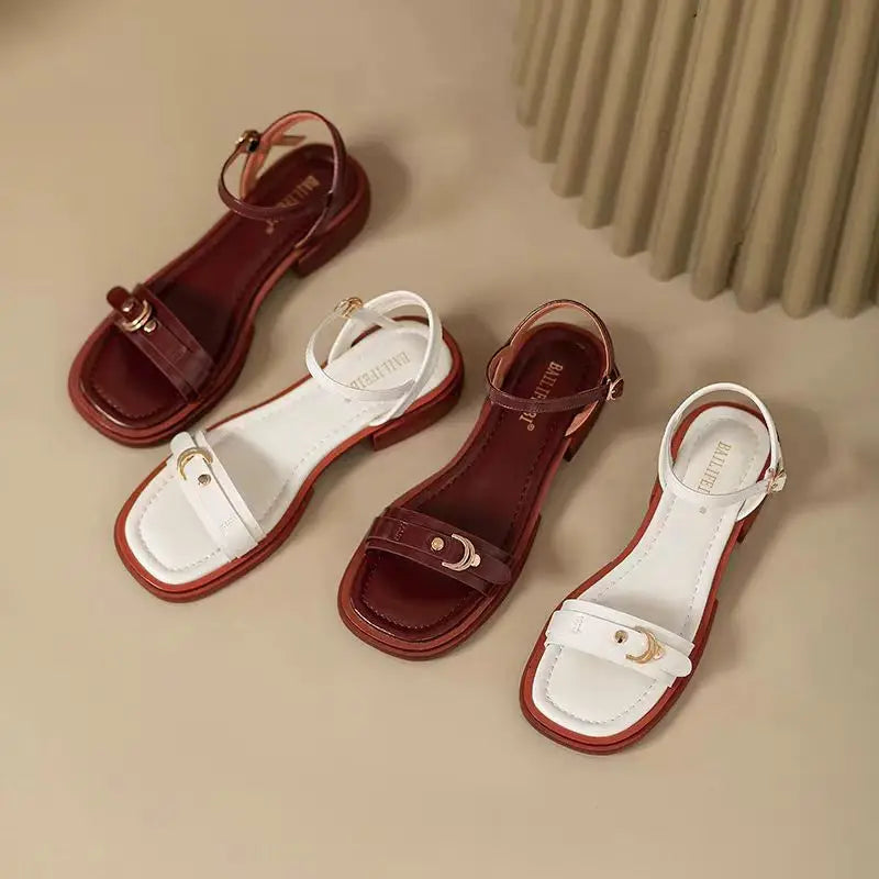 Basic Genuine Leather Concise Office Style Outdoor Low Heels Sandals