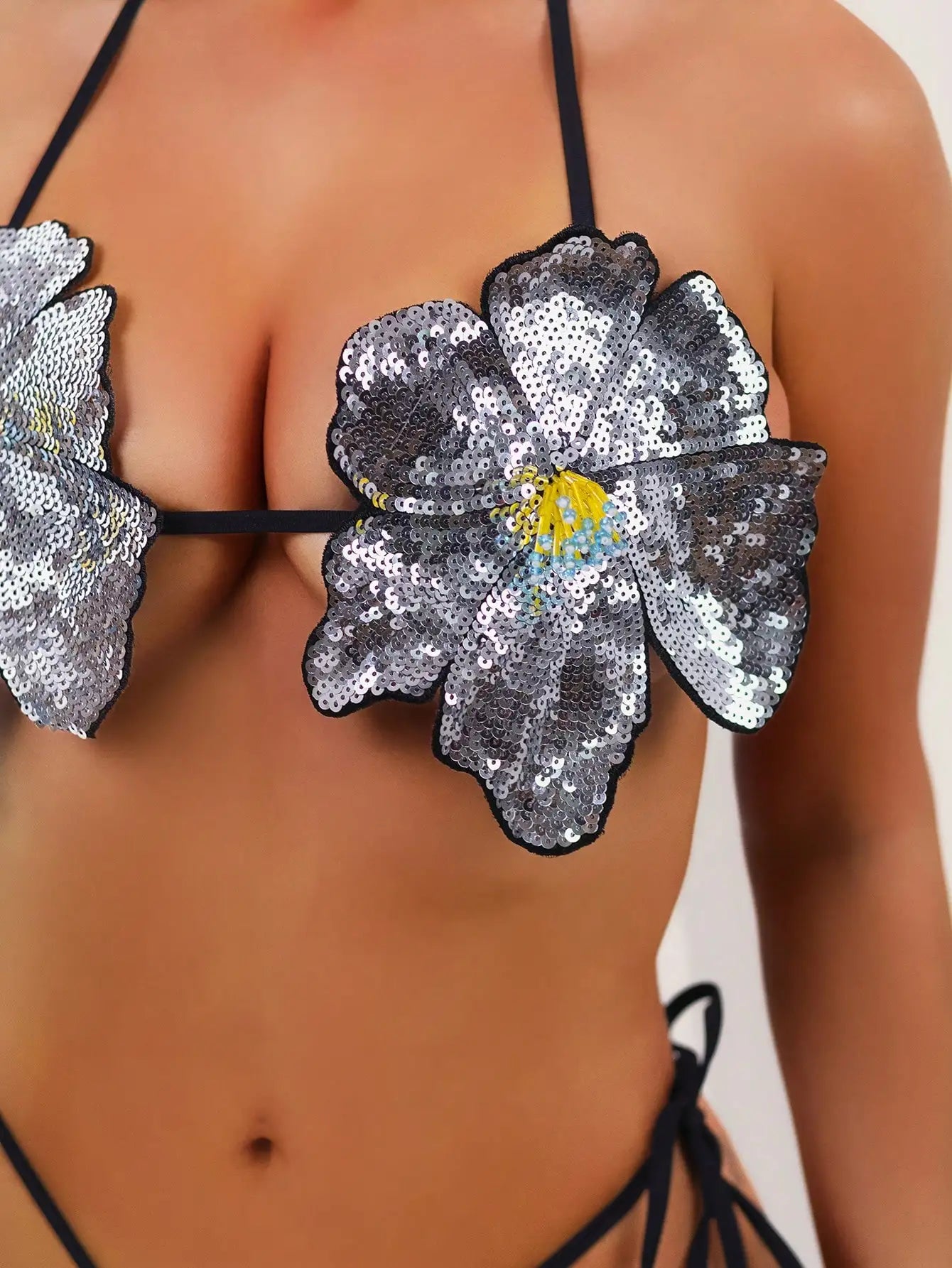 Beach Outfit New Sequin Flower Halter Tie Side Bikini Set