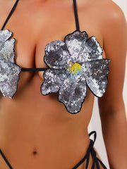 Beach Outfit New Sequin Flower Halter Tie Side Bikini Set
