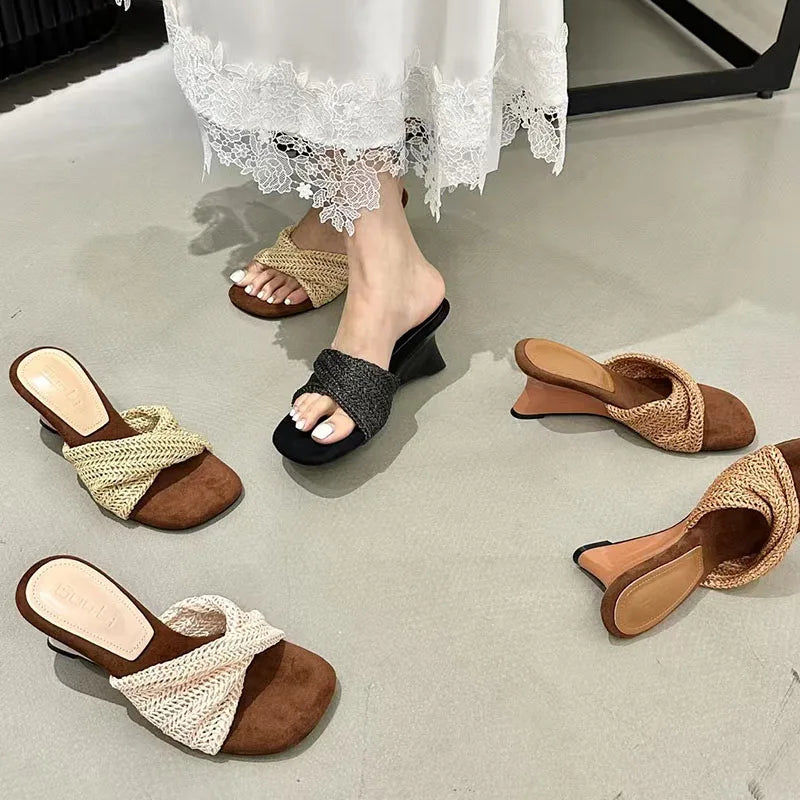 Beach Style Slides Shallow PU Wedges High Heeled Slippers