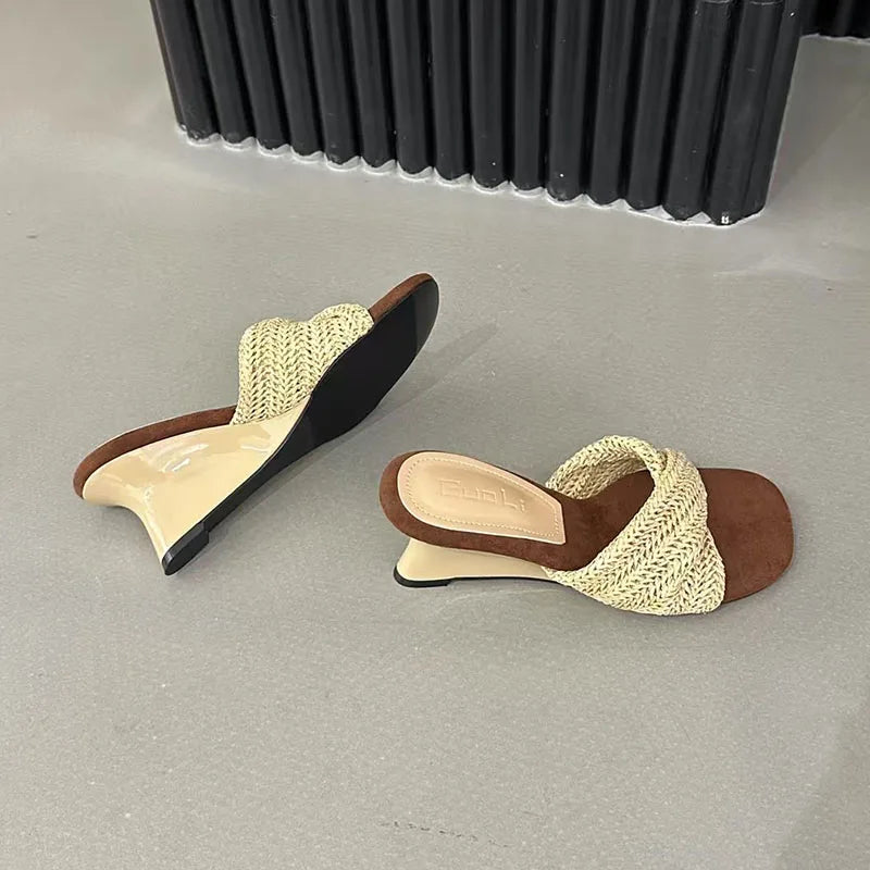 Beach Style Slides Shallow PU Wedges High Heeled Slippers