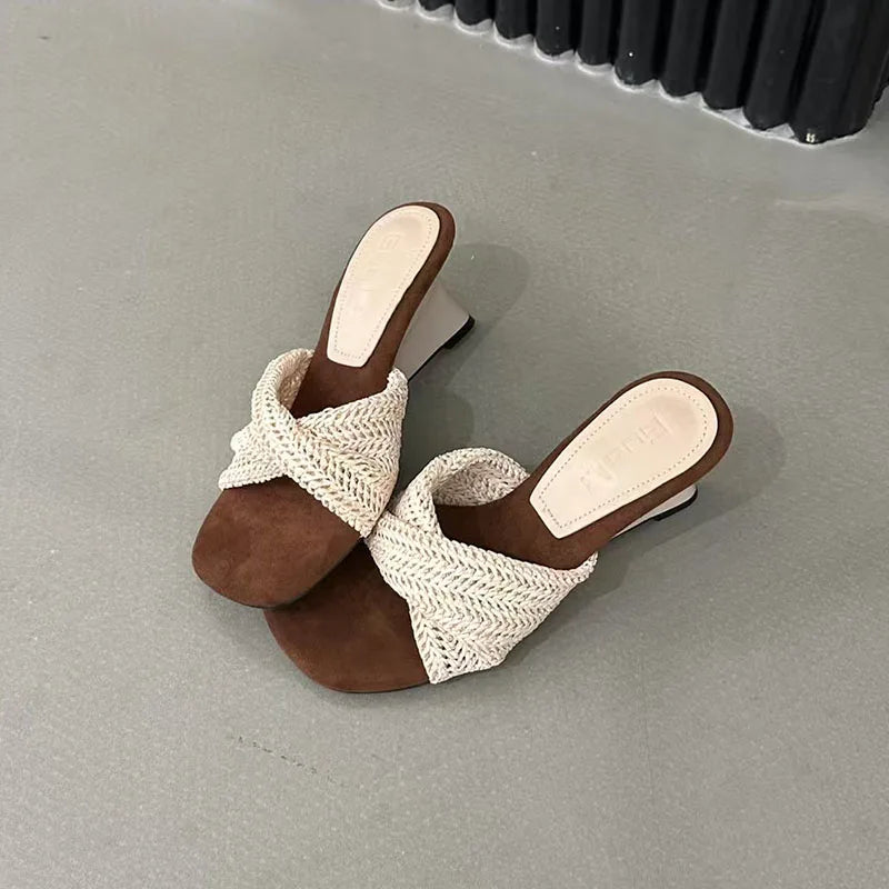 Beach Style Slides Shallow PU Wedges High Heeled Slippers
