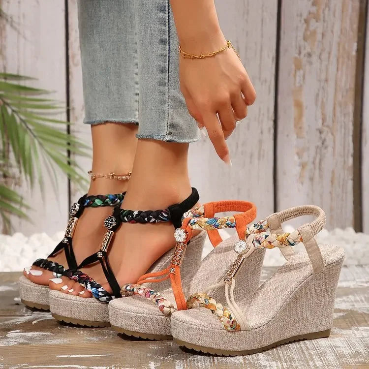 Beach Style Slip-On Mesh Thick Sole Clip Toe Design High Heels Sandals