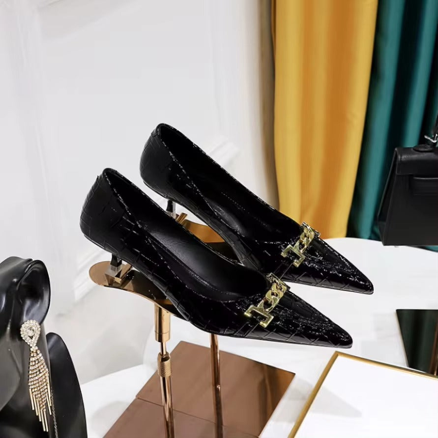 Metal Chain Decoration Mid-High Low Heels Shoes