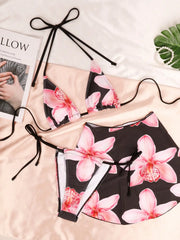 Bikini Set 3pcs/Set Summer Beach Vacation Outfit - Halter Triangle Backless Bikini Top
