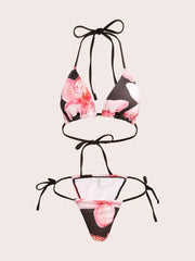 Bikini Set 3pcs/Set Summer Beach Vacation Outfit - Halter Triangle Backless Bikini Top