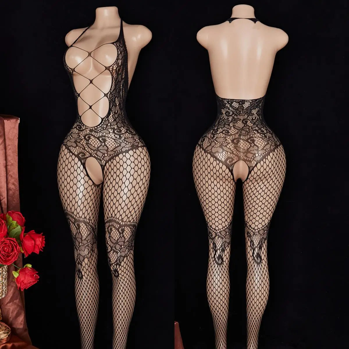 Black Full Body Tights Expose Chest Transparent One-piece Underwear Mesh Erotic Fetish Lingerie Adult Costume