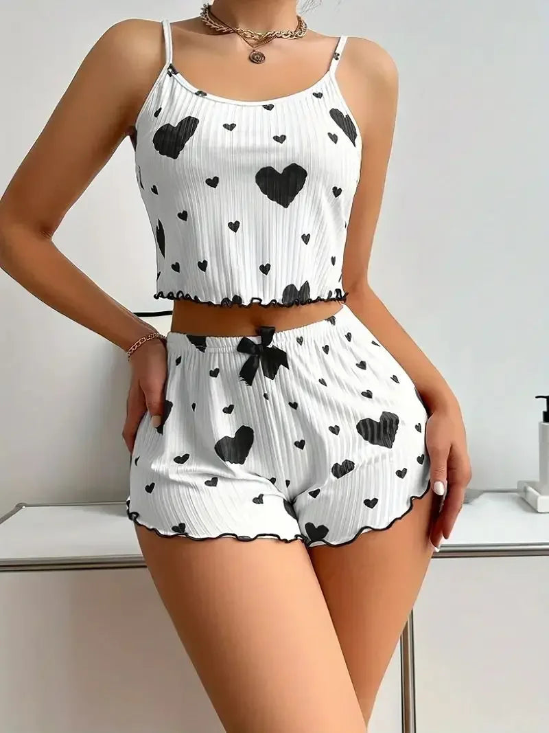 Black Heart Print Pajama Set