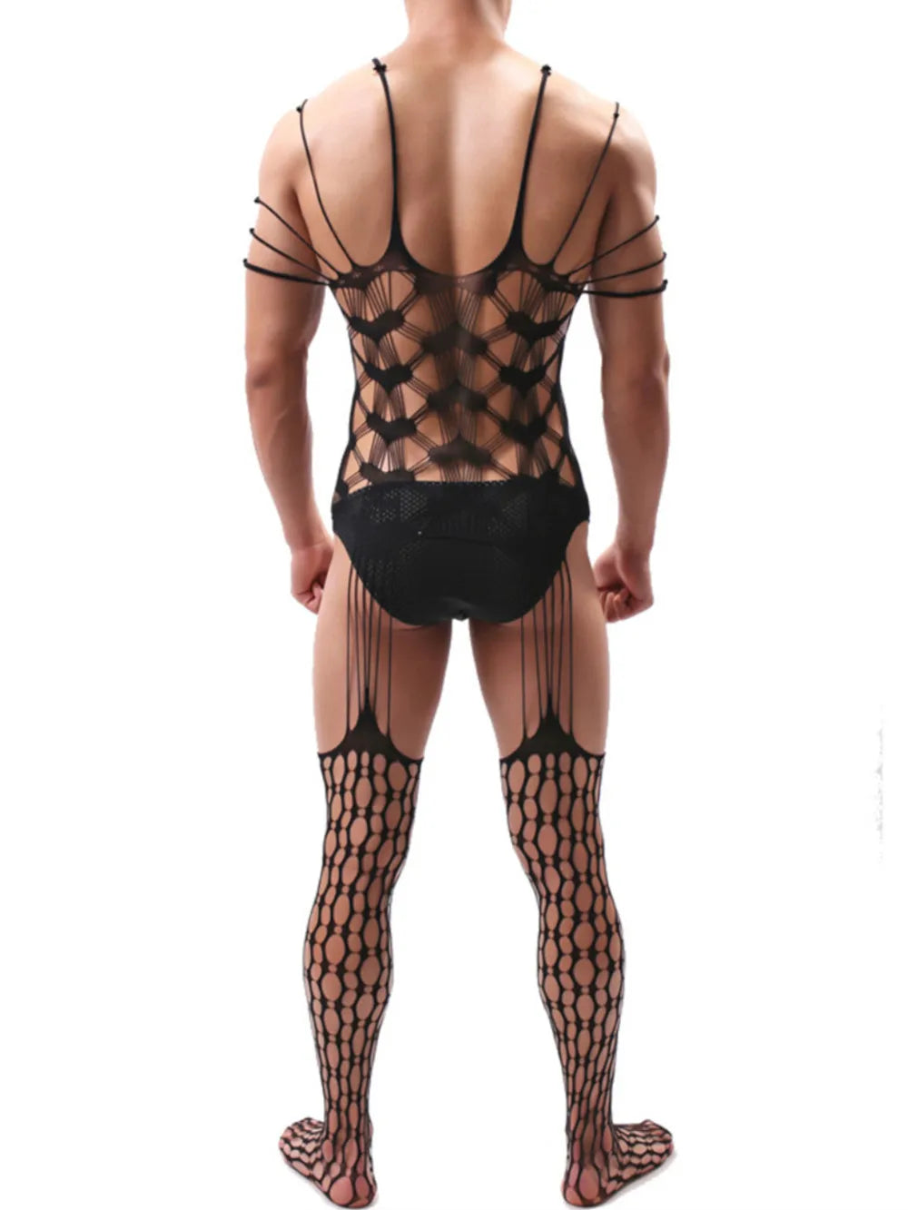 Black Lace Heart Pattern One-Piece Bodysuit Tight Elastic Men's Sleepwear Breathable Underwear Full Coverage