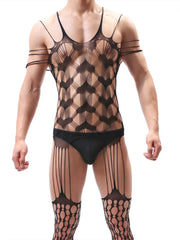 Black Lace Heart Pattern One-Piece Bodysuit Tight Elastic Men's Sleepwear Breathable Underwear Full Coverage