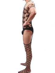 Black Lace Heart Pattern One-Piece Bodysuit Tight Elastic Men's Sleepwear Breathable Underwear Full Coverage