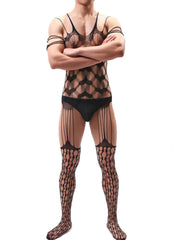 Black Lace Heart Pattern One-Piece Bodysuit Tight Elastic Men's Sleepwear Breathable Underwear Full Coverage