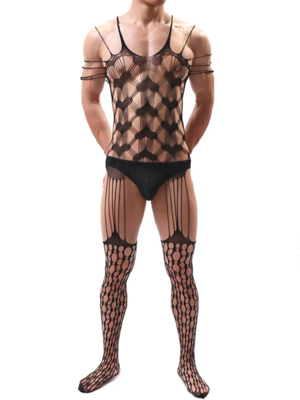 Black Lace Heart Pattern One-Piece Bodysuit Tight Elastic Men's Sleepwear Breathable Underwear Full Coverage