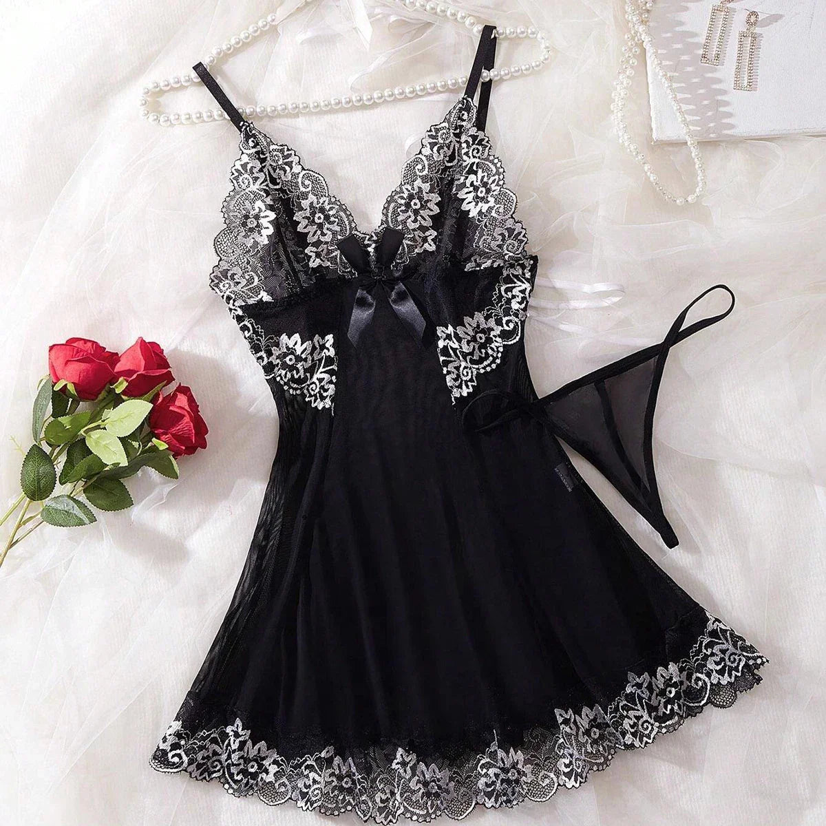 Black Lingerie Underwear Sleepwear Lace Nightdress And Thongs Pijamas Sets Female Nighty