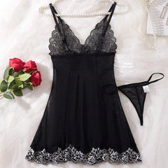 Black Lingerie Underwear Sleepwear Lace Nightdress And Thongs Pijamas Sets Female Nighty