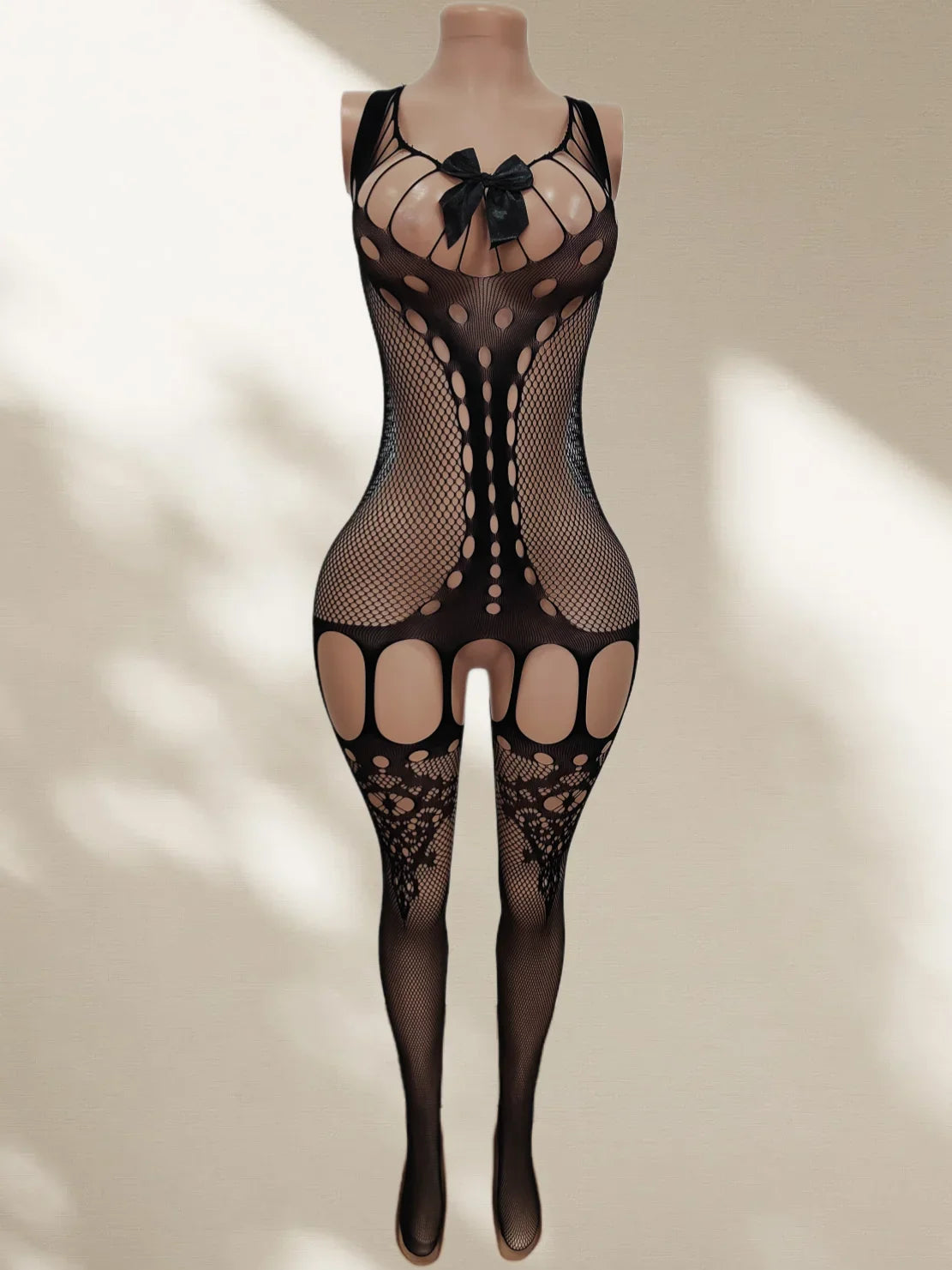 Black Open Crotch Teddy Bodysuit Lingerie Full Body Stockings