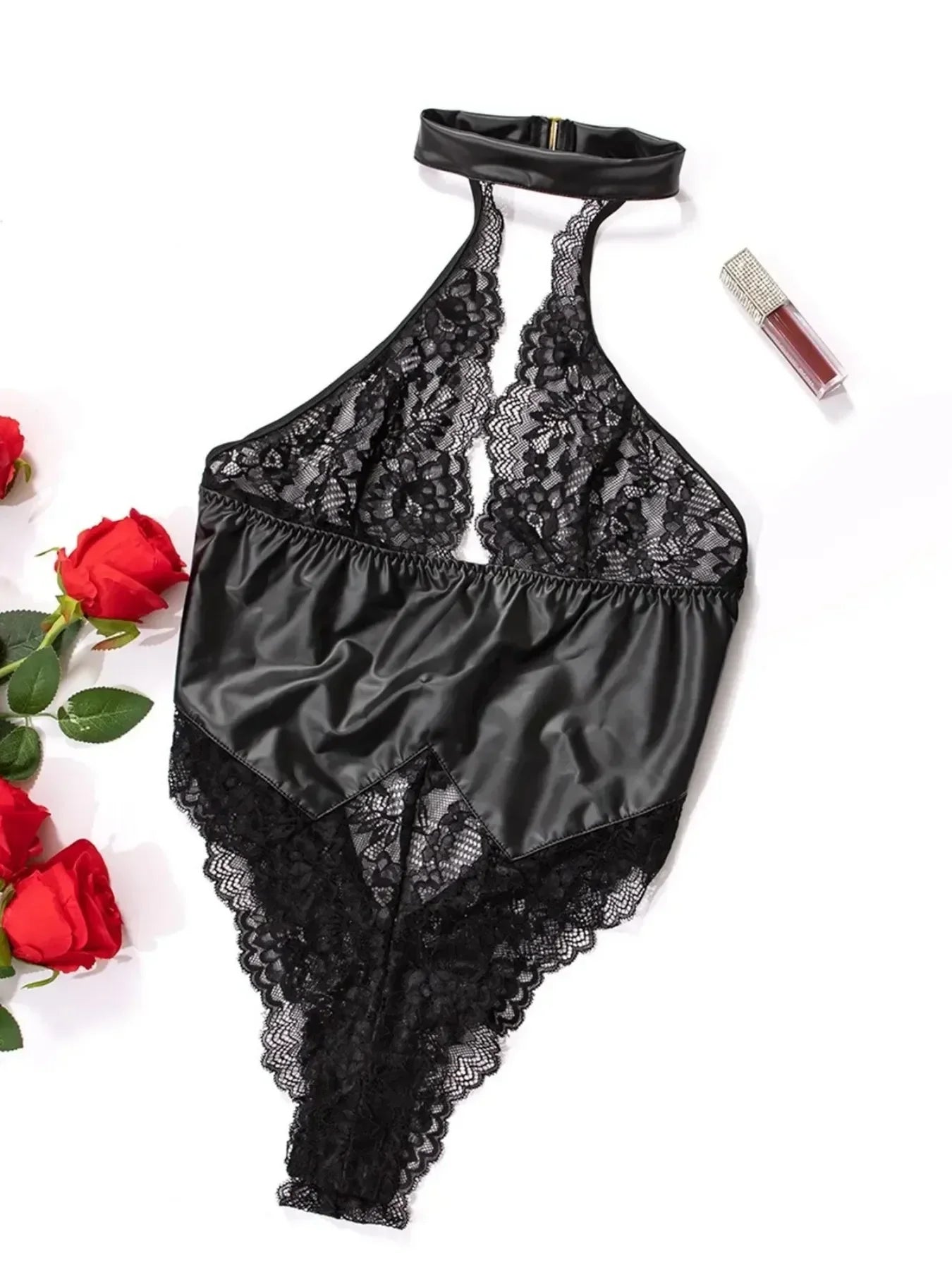 Black PU Latex Leather Halter Lace Backless Bodysuit
