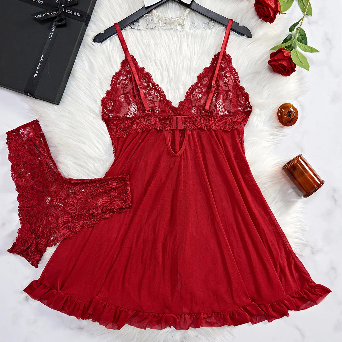 Black Transparent See Through Sleepwear Lace Nightdress Lingerie Underwear Panty Pijamas Sets Female Nighty