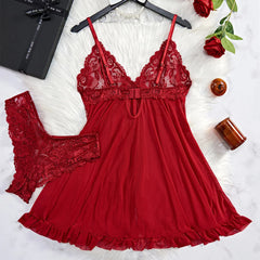 Black Transparent See Through Sleepwear Lace Nightdress Lingerie Underwear Panty Pijamas Sets Female Nighty