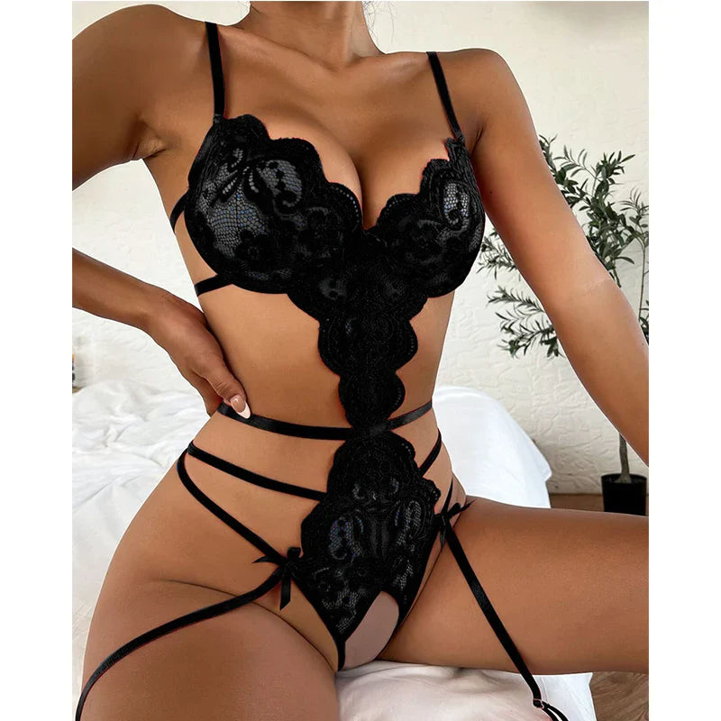 Blue Halter Bra Set Lingerie Sets Solid Mesh Lace Patchwork Woman Underwear Set With Garter Belts Erotic Costumes