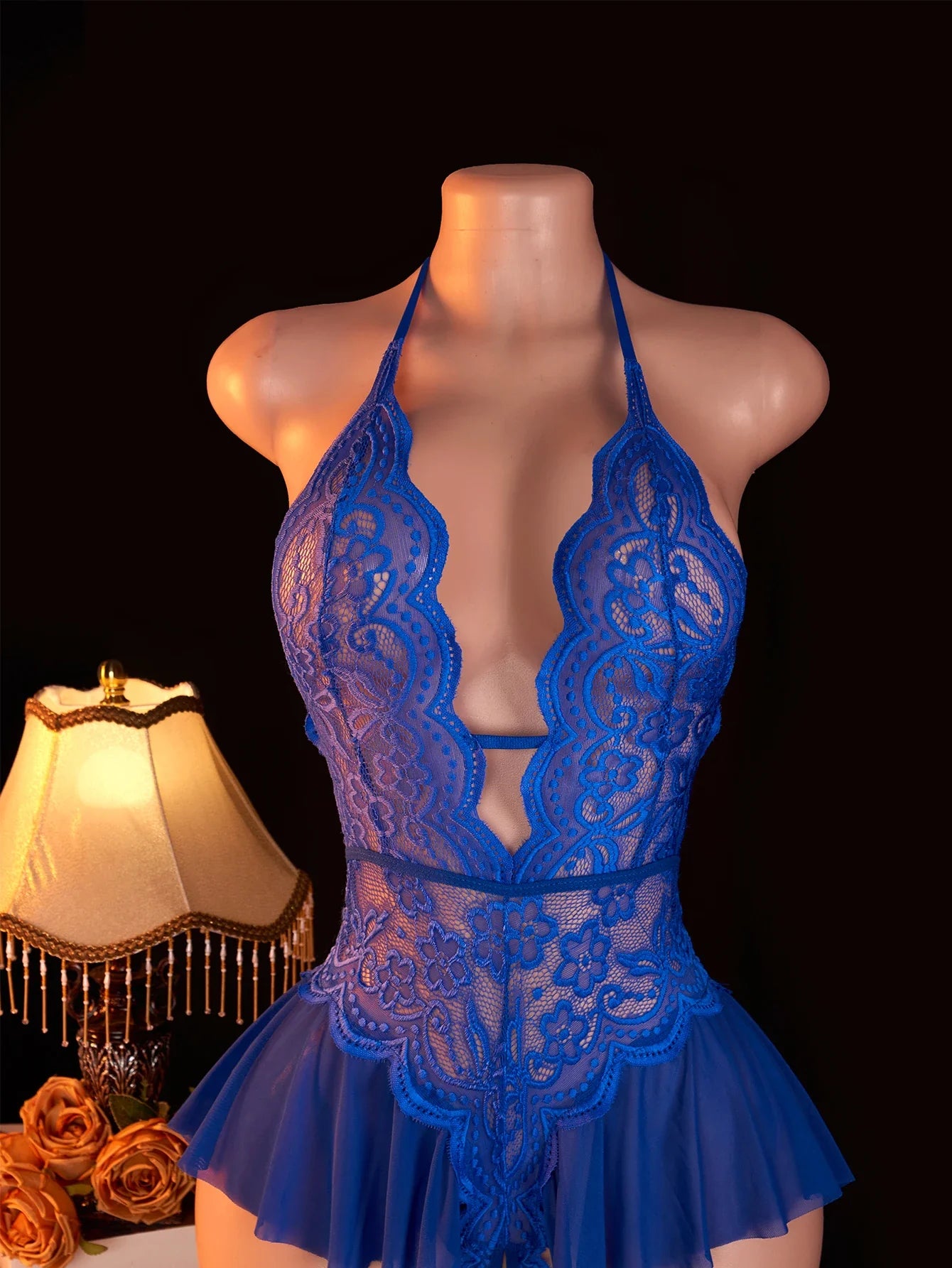Blue Open Crotch Body Suit Crotchless Adult Erotic Lingerie Pajamas Lace Temptation