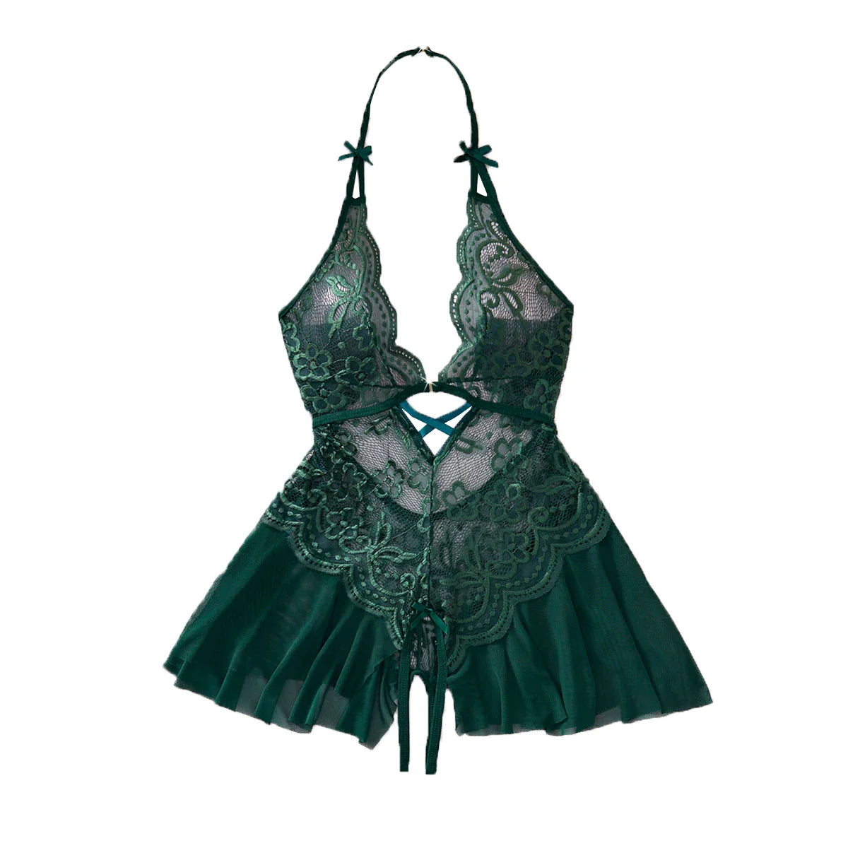 Bodycon Teddy Dress Crotchless Sheer Underwear Set Lace See Through Halter Deep V Lingerie Sultry Nightwear
