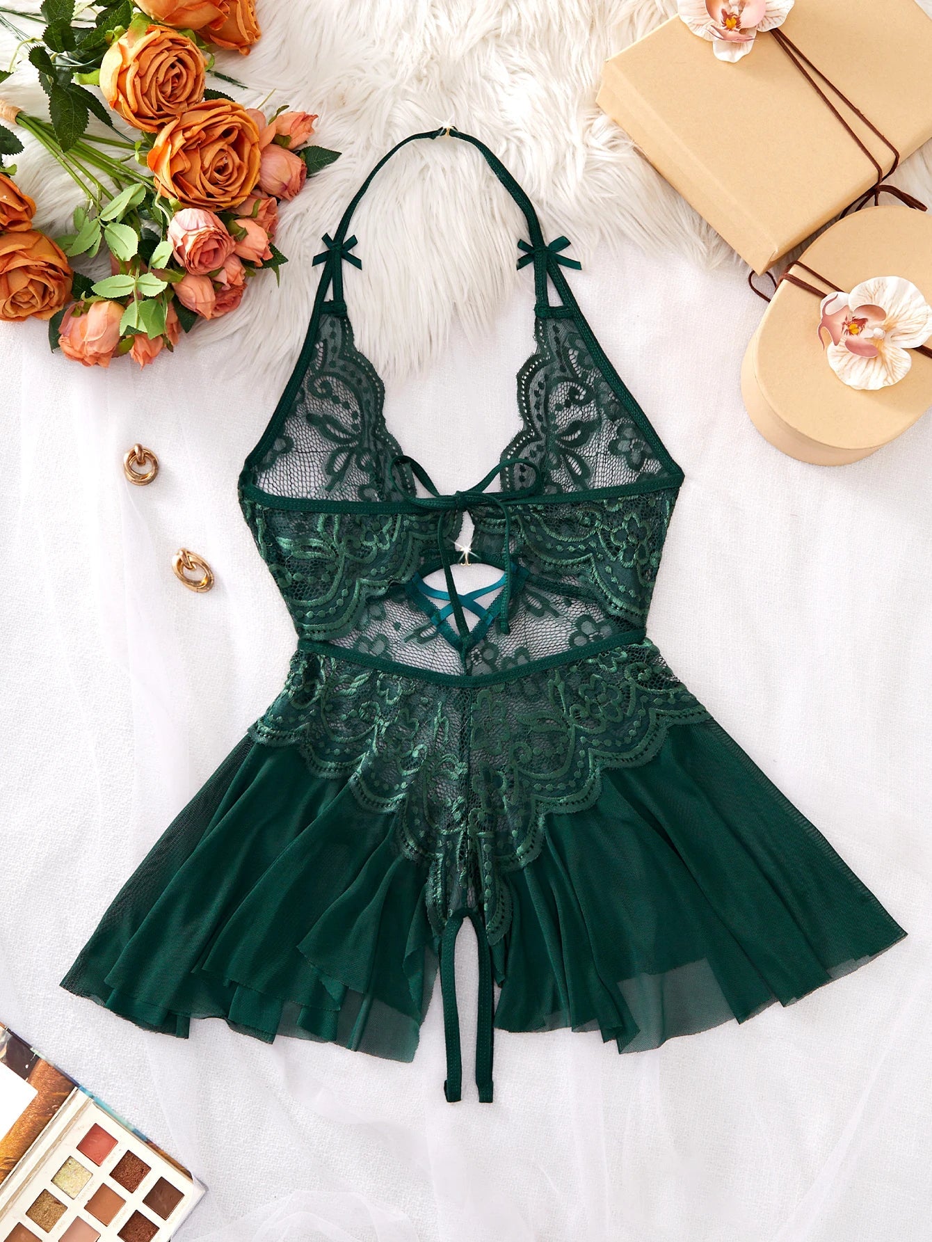Bodycon Teddy Dress Crotchless Sheer Underwear Set Lace See Through Halter Deep V Lingerie Sultry Nightwear
