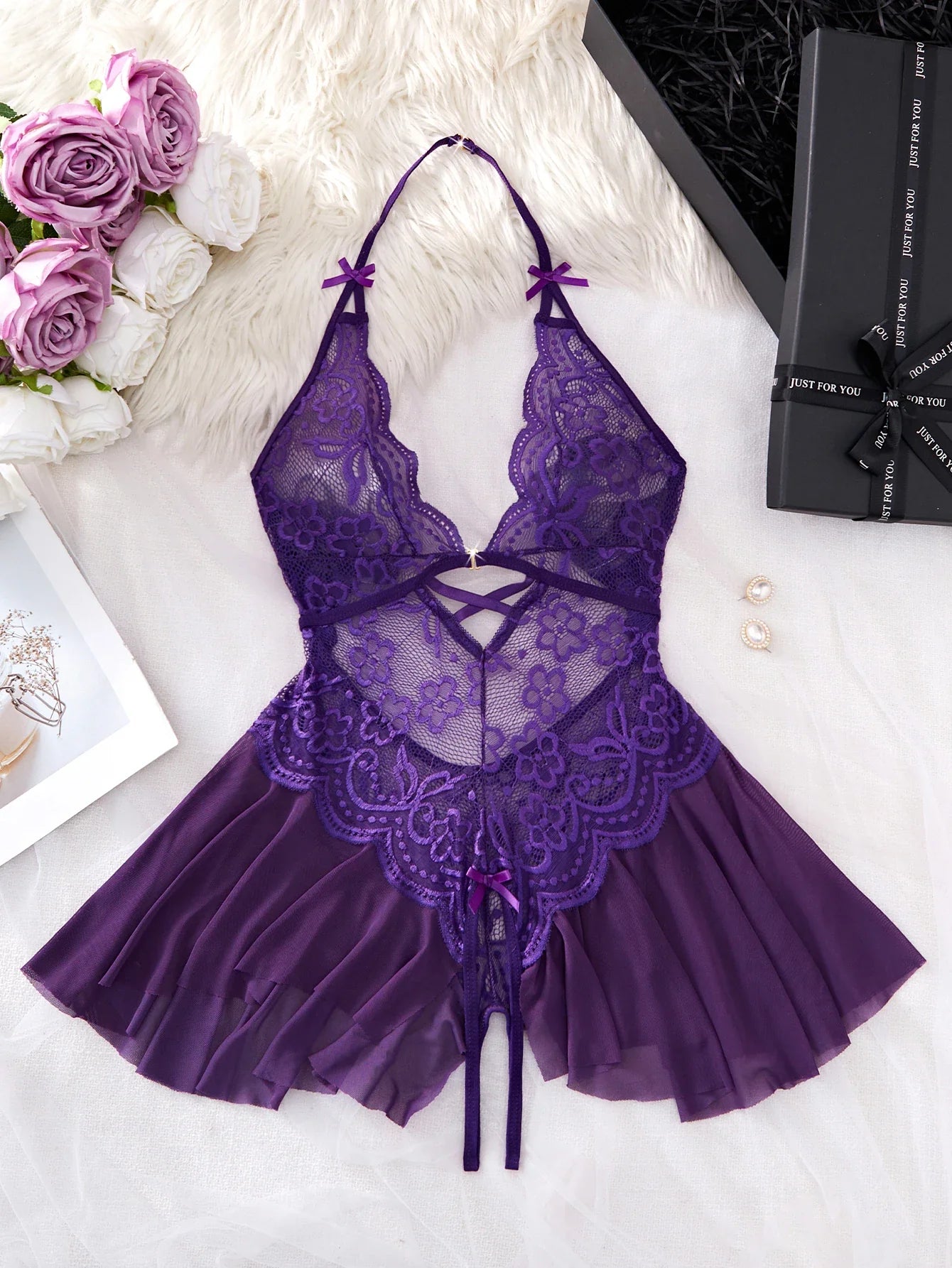 Bodycon Teddy Dress Crotchless Sheer Underwear Set Lace See Through Halter Deep V Lingerie Sultry Nightwear