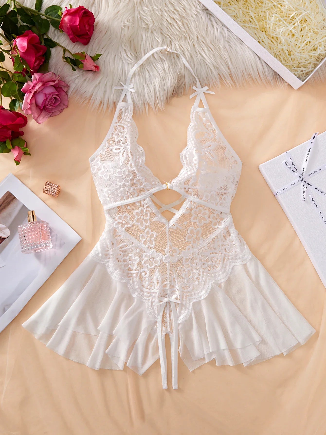 Bodycon Teddy Dress Crotchless Sheer Underwear Set Lace See Through Halter Deep V Lingerie Sultry Nightwear