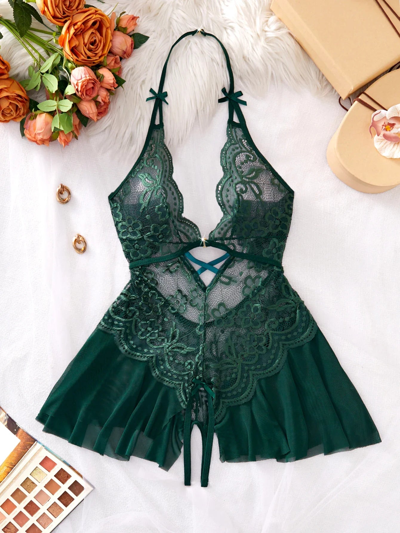 Bodycon Teddy Dress Crotchless Sheer Underwear Set Lace See Through Halter Deep V Lingerie Sultry Nightwear
