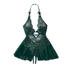 Bodycon Teddy Dress Crotchless Sheer Underwear Set Lace See Through Halter Deep V Lingerie Sultry Nightwear