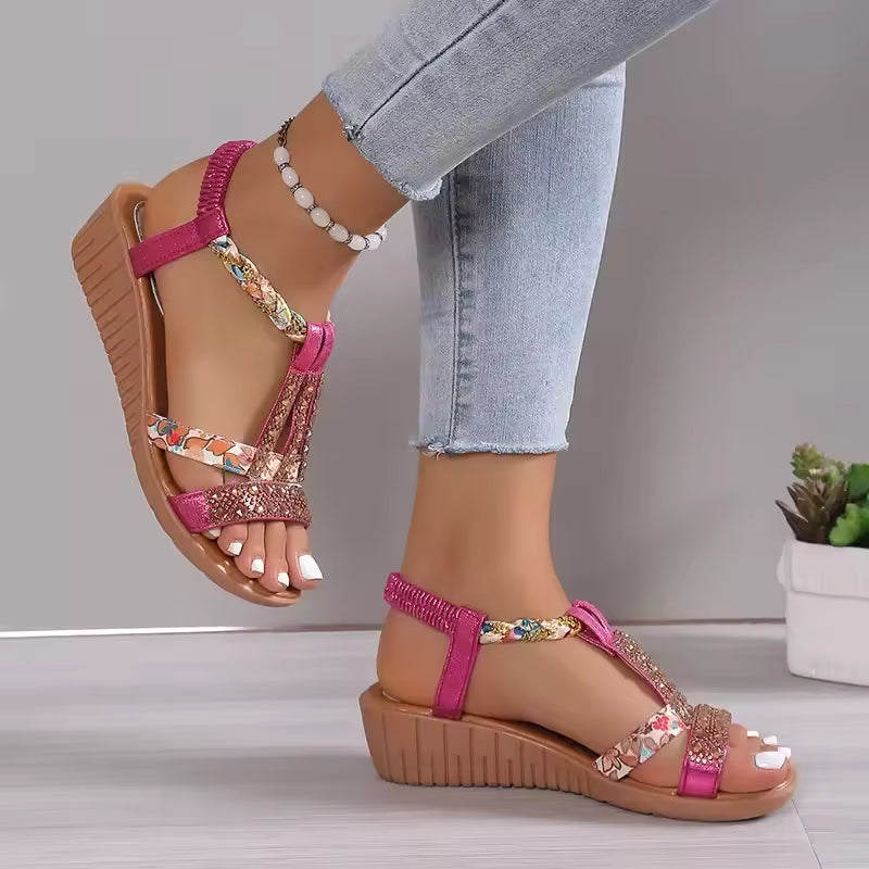 Bohemia Rhinestones Peep Toe Outdoor Beach Platform Wedge Sandals