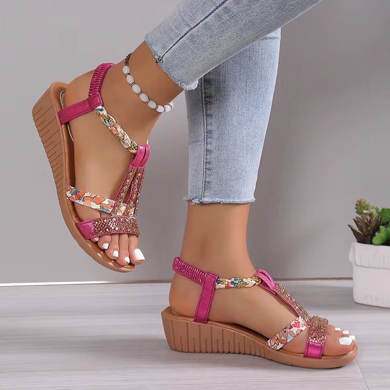 Bohemia Rhinestones Peep Toe Outdoor Beach Platform Wedge Sandals