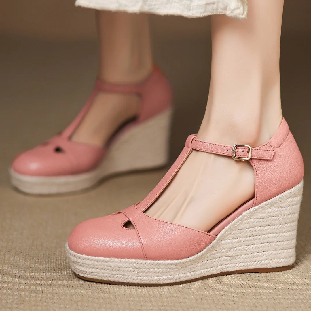 Bohemia Round Toe Narrow Band T-Strap Wedge Ultra High Heel Platform Sandals