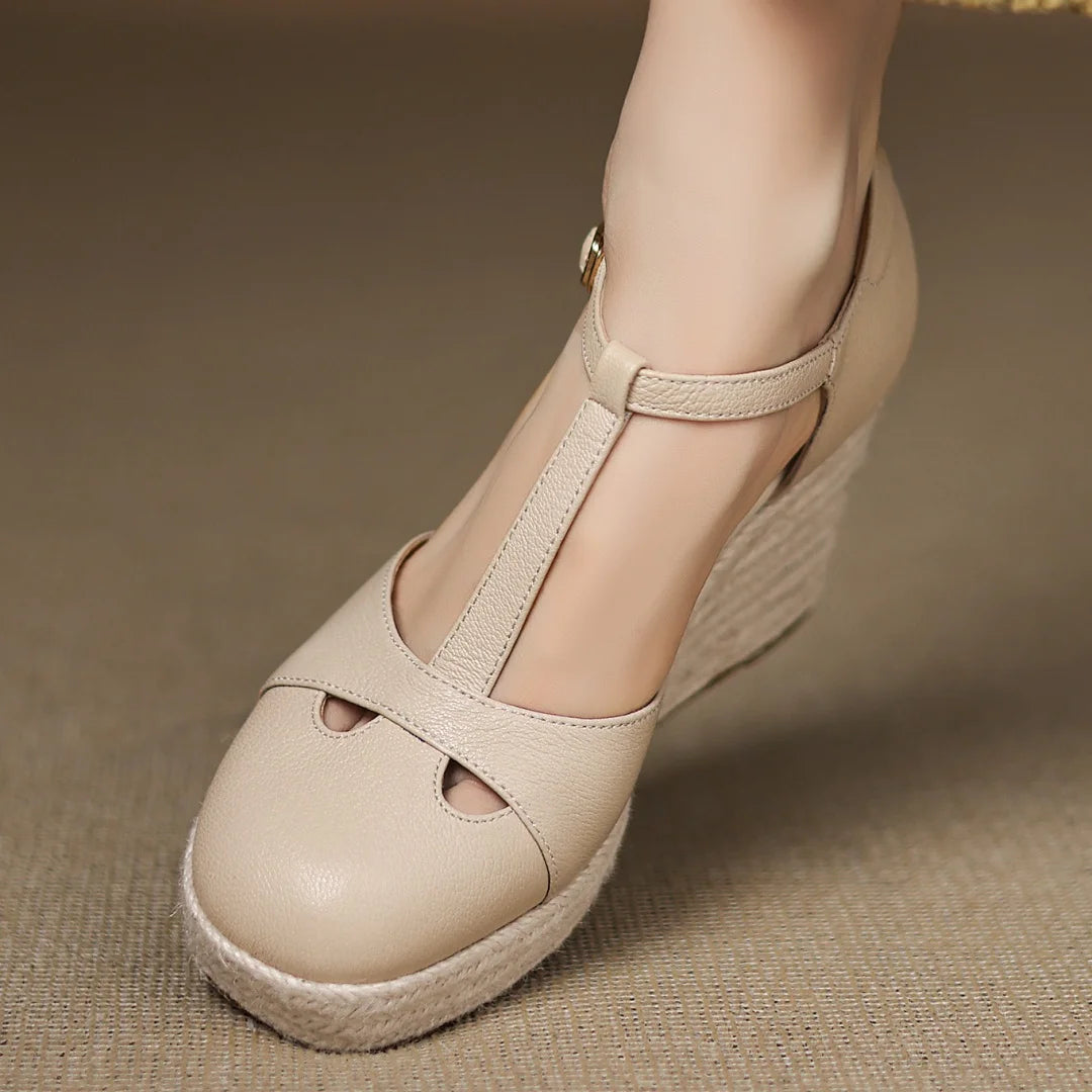 Bohemia Round Toe Narrow Band T-Strap Wedge Ultra High Heel Platform Sandals