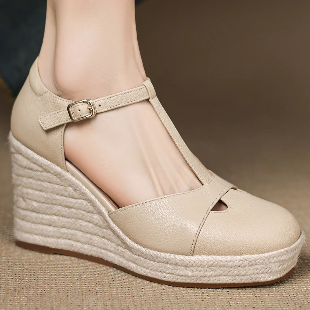Bohemia Round Toe Narrow Band T-Strap Wedge Ultra High Heel Platform Sandals