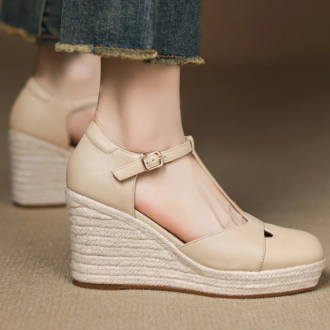 Bohemia Round Toe Narrow Band T-Strap Wedge Ultra High Heel Platform Sandals