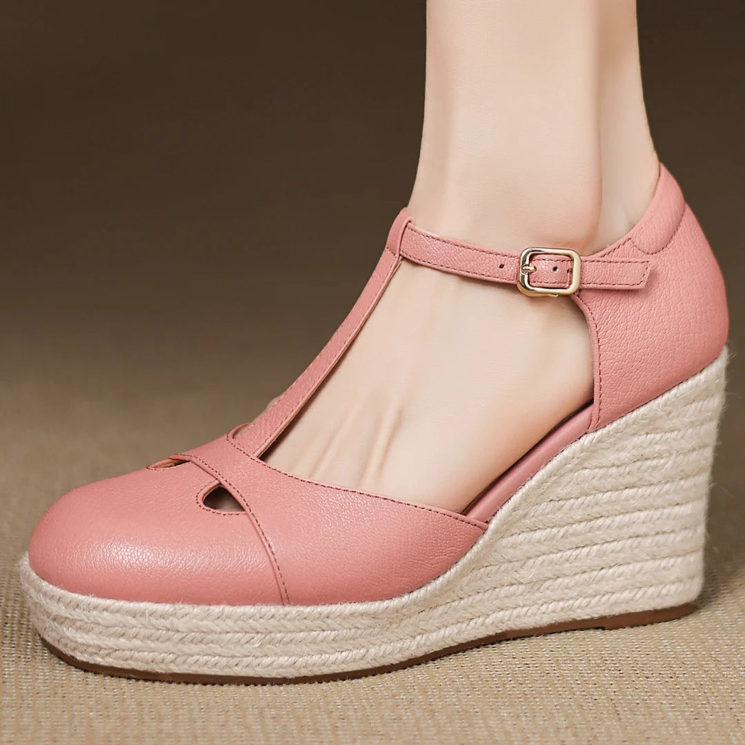 Bohemia Round Toe Narrow Band T-Strap Wedge Ultra High Heel Platform Sandals