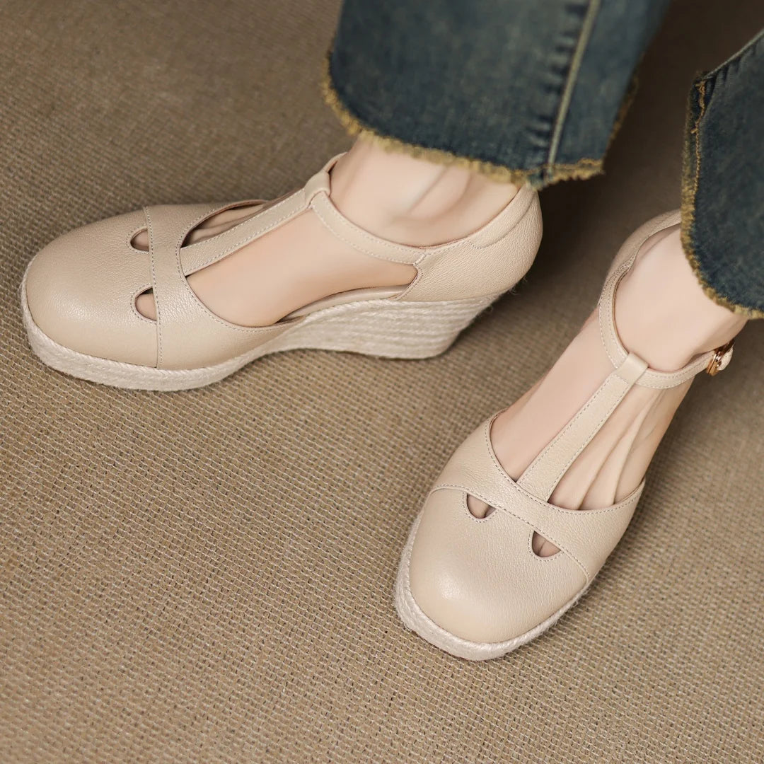 Bohemia Round Toe Narrow Band T-Strap Wedge Ultra High Heel Platform Sandals