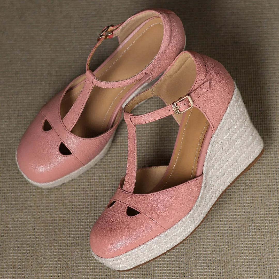 Bohemia Round Toe Narrow Band T-Strap Wedge Ultra High Heel Platform Sandals
