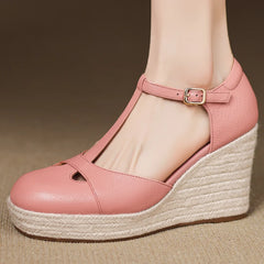 Bohemia Round Toe Narrow Band T-Strap Wedge Ultra High Heel Platform Sandals