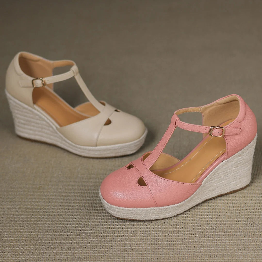 Bohemia Round Toe Narrow Band T-Strap Wedge Ultra High Heel Platform Sandals