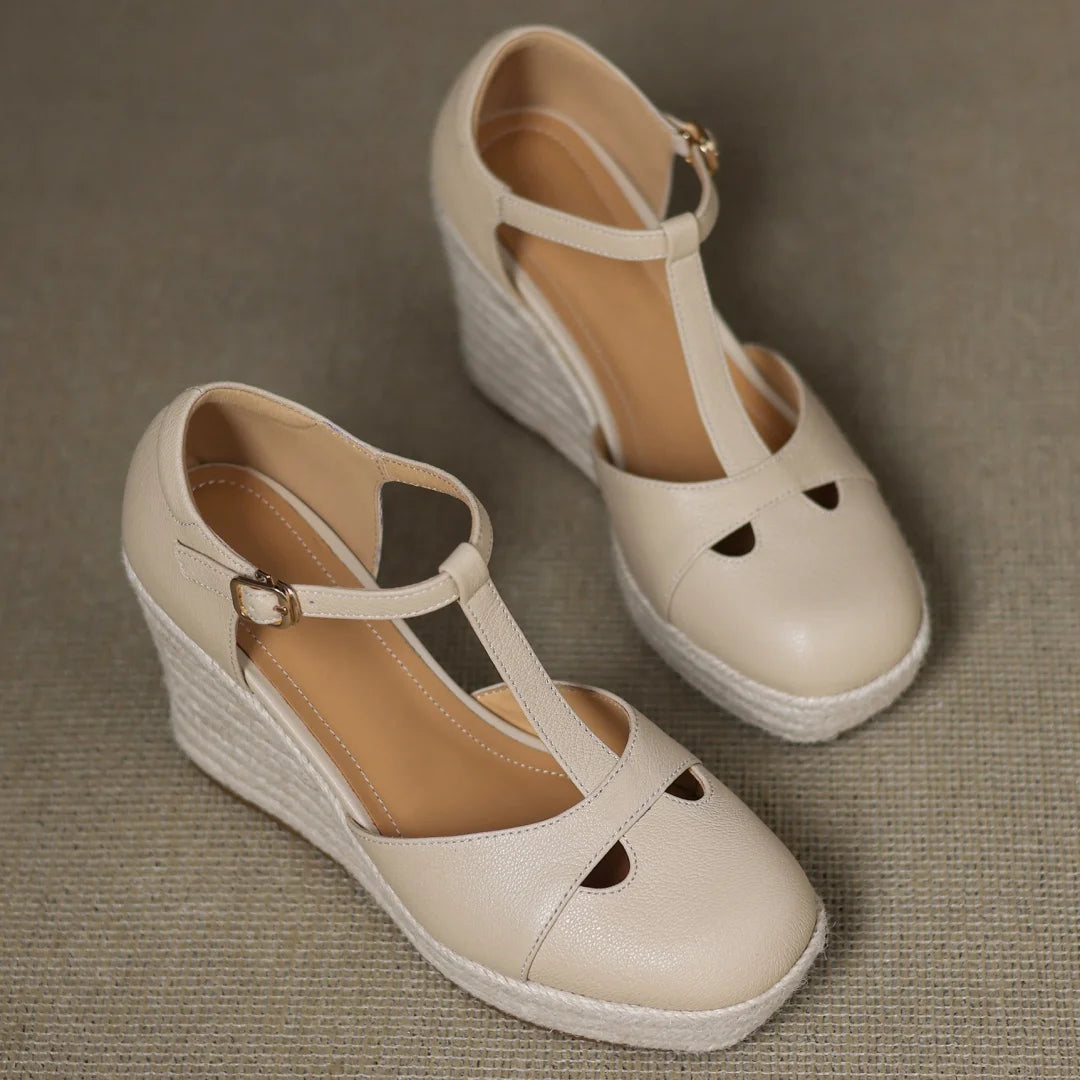 Bohemia Round Toe Narrow Band T-Strap Wedge Ultra High Heel Platform Sandals